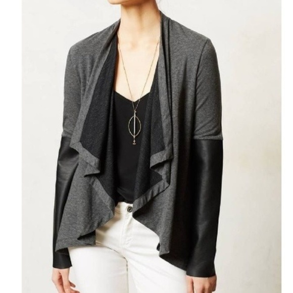 Anthropologie Sweaters - Anthropologie Gray Crop Cardigan w/ Leather Sleeve